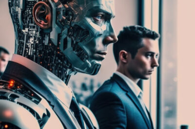 Ein Geschäftsmann arbeitet Seite an Seite mit einem sehr menschlich wirkenden Roboter.